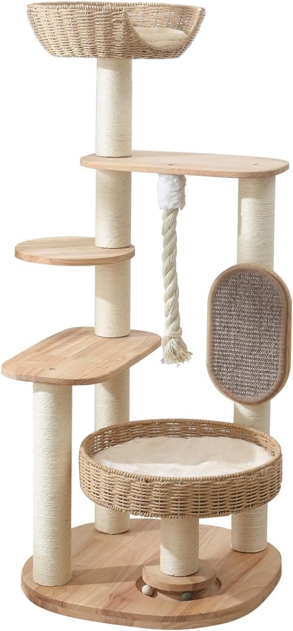 49.6in Solid Wood Cat Tree for Large Cat, Modern Tall Cat Tower | Multi-Level Cat Condo, Cute Aesthetic Design, with Scratching Post, with Hand-Woven Cat Bed, for Indoor Cats, Easy to Clean