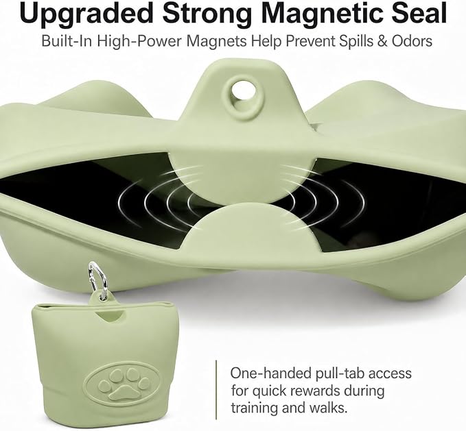 Upgraded Dog Treat Pouch with Strong Magnetic Closure - Small Silicone Training Bag, Waist-Mounted Clip & Leash Carabiner, Airtight Portable Treat Bag (Light Green)