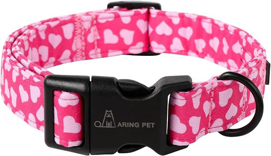 ARING PET Valentines Dog Collar, Cute Cotton Pink Heart Adjustable Valentine Pet Collars Puppy Collar with Quick Release Buckle for Girl Dogs-L