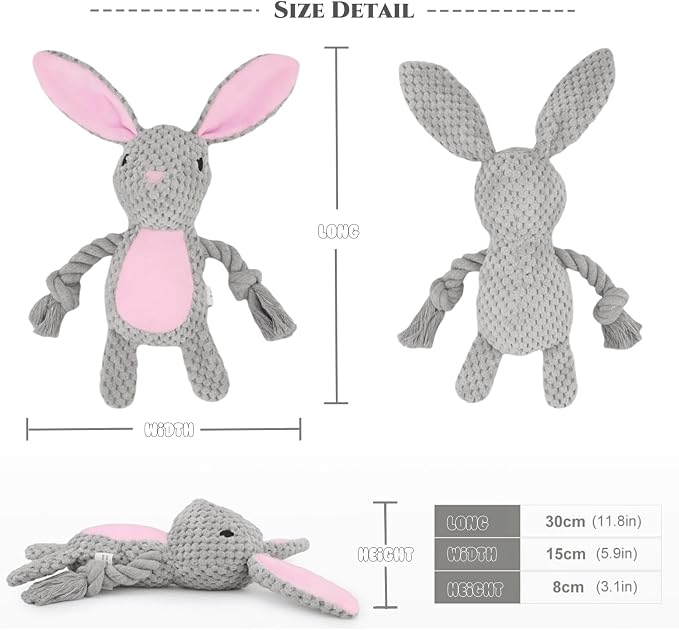Bunny Dog Toy with Rope Arms – Squeaky Plush Rabbit for Small & Medium Dogs, Soft Chew & Tug Toy for Interactive Play, Easter Puppy Toy Gift