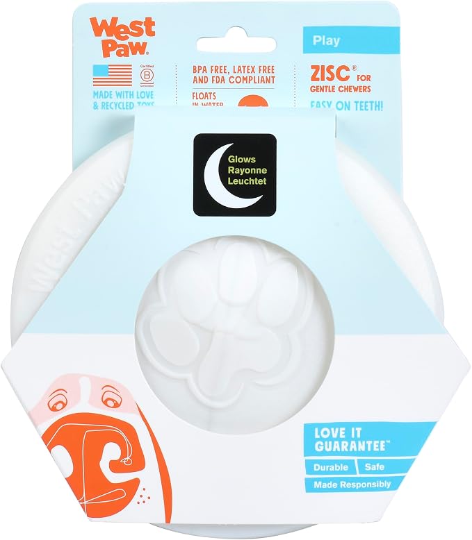 WEST PAW Zogoflex Zisc Dog Flying Disc, High Flying Aerodynamic Disc for Dogs Puppy – Lightweight, Floatable Disc for Fetch, Tug of War, Catch, Play – Doubles as Food/Water Bowl, Small 6.5", Glow