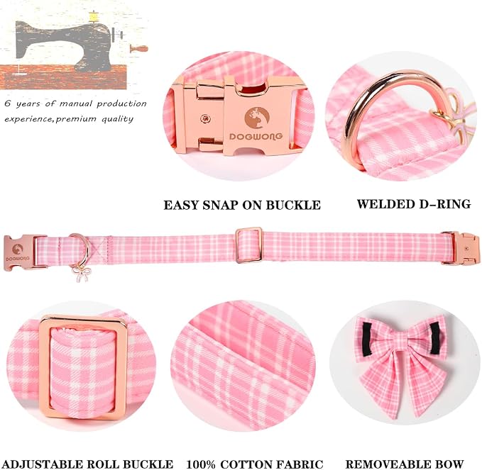 Pink Dog Collar for Girl Dogs, Spring Summer Pink Plaid Dog Collar with Bowtie- Adjustable Female Sailor Bow Dog Collar for Small Dogs S