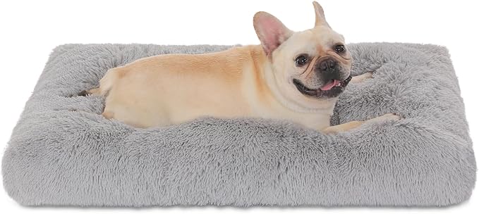 Bedfolks Waterproof Dog Crate Bed, Plush Dog Pad, 29"x21", Solid Light Grey | Faux Fur Plush Cover, Zippered Removable Washable Outer, Waterproof Inner Lining, Non-Slip Base, Crate Pad and Dog Pillow