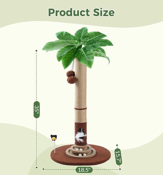 Made4Pets 35" Tall Cat Scratching Post with Sisal Rope, Interactive Hanging Balls, Toy Mouse and Two-Layer Ball Track Cat Toys, Palm Tree Cat Scratcher Tower for Indoor Cats and Kittens