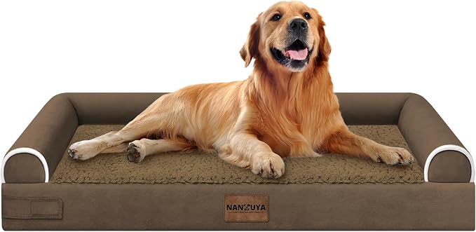 NANUYA Orthopedic Dog Bed for X-Large Dogs, 40 x 32 Inch, Dark Coffee | Egg crate foam for joint support, 3-sided bolster pet sofa, waterproof lining, washable cover, and non-skid base
