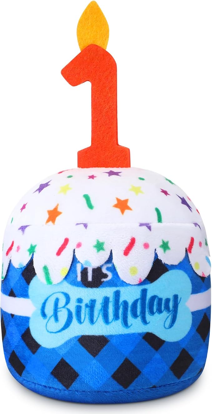 Dansydaisy Dog Birthday Cake Toy Squeaky Plush Toy for Girl Boy Gifts, Chew Accessories for Dog Birthday Party Decor Favor for Large, Medium and Small Dogs(1st,Blue Grid)