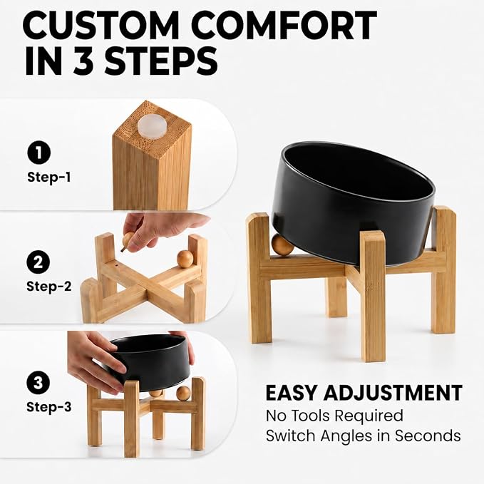 hjn Elevated Ceramic Dog Bowl/Raised Ceramic Dog Bowls with Bamboo Stand, 15°Slanted Raised Pet Feeder for Small Medium Dogs and Cats, Non-Slip Heavy Weighted Design (Black, 3.6Cup)