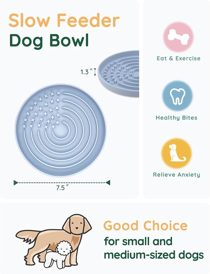 Slow Feeder Dog Bowls, Slowdown Bowl - Puzzle Silicone Dog Feeding Bowls with Suction Cups, Innovative Lick Mat, Healthy Eating, Dishwasher Microwave Safe, Mealtime Challenge, 7.5" x 1.3" Blue