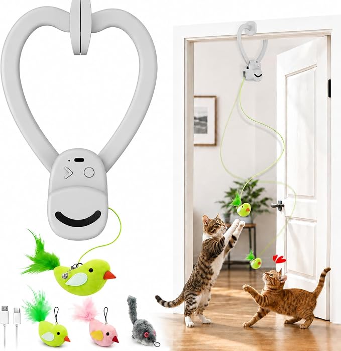 Interactive Cat Toys for Indoor Cats: Automatic Flying Bird Feather Wand Chase Exercise Enrichment Stimulation, USB Rechargeable Durable Safe Hanging Toy for Bored Kittens Adult Multi Cat Households