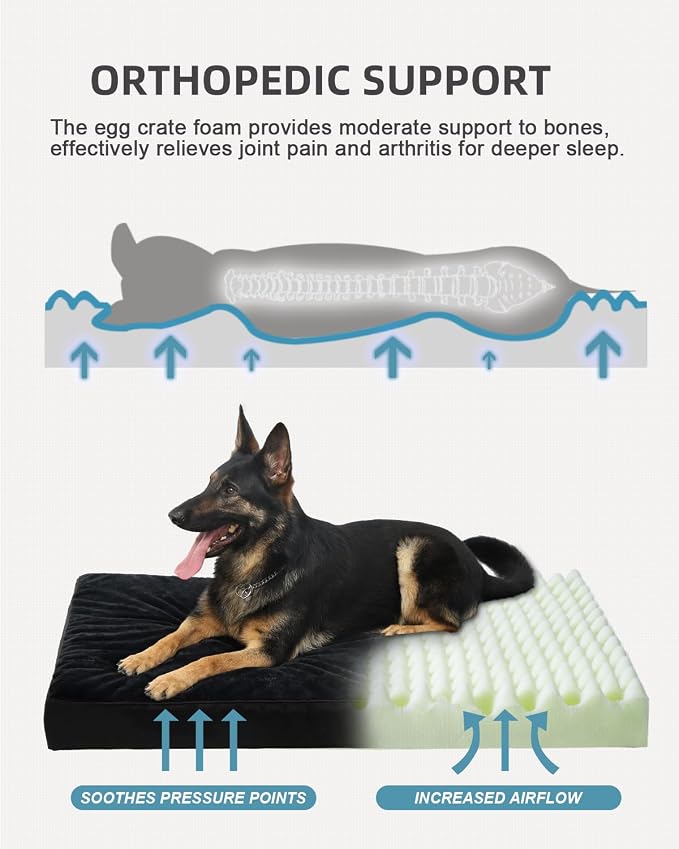 KSIIA Orthopedic Dog Bed for Large Dogs with Waterproof Lining, Black,41x27 | Deluxe Soft Plush Dog Crate Bed, Washable Pet Mat with Removable Cover & Egg Crate Foam for Large Dogs Sleeping & Relaxing