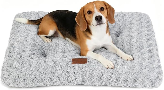 Dog Bed Crate Pad - Rosette Pattern White Velvet Pet Bed Anti-Slip Comfy Kennel Pad for Crates Rosette Grey M