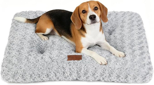 Dog Bed Crate Pad - Rosette Pattern White Velvet Pet Bed Anti-Slip Comfy Kennel Pad for Crates Rosette Grey M