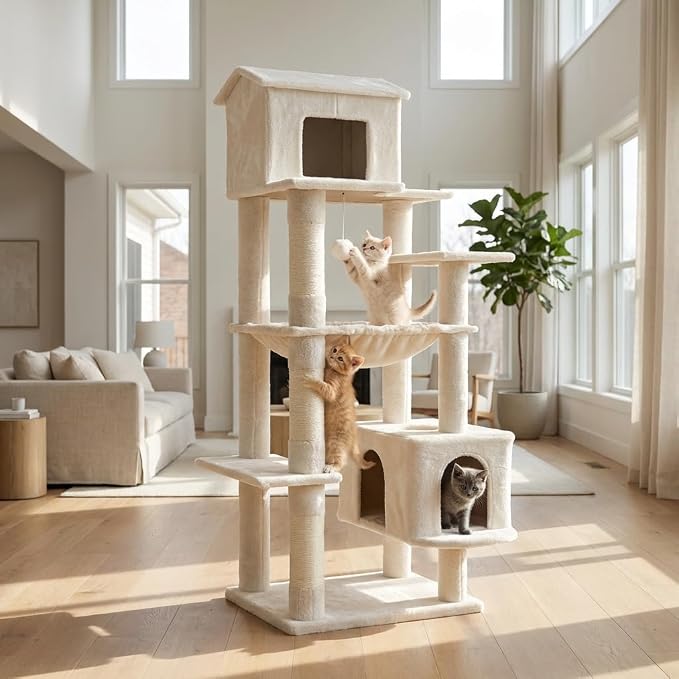64 Inches Multi-Level Large Cat Tree Tower with Cat House for Indoor Cats/Cozy Perches/Cat Condo/Sisal Scratching Posts/Hammock/Cat Activity Center Play House/Wide Base