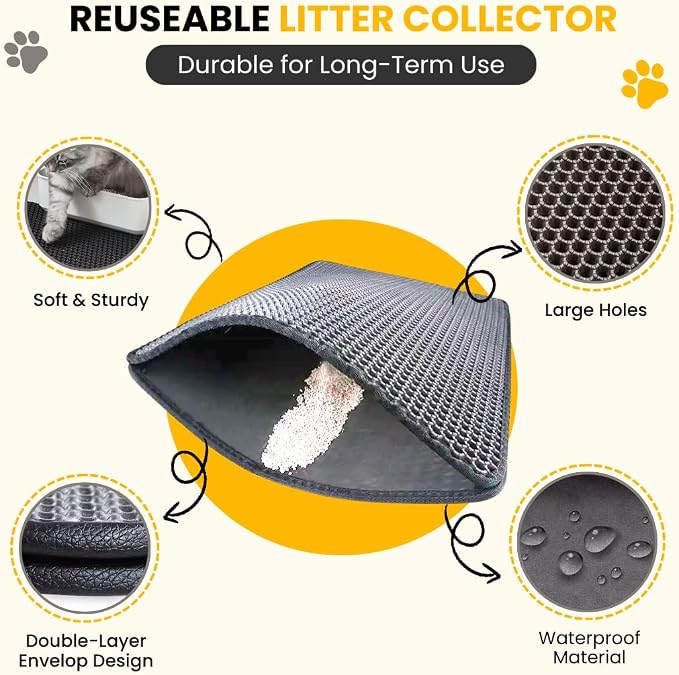 Andalus Brands Large Cat Litter Mat - Waterproof & Urine-Proof Litter Box Mat, Non-Slip Kitty Litter Mats for Floor, Easy to Clean Litter Trapping Design (30" x 24", Black)