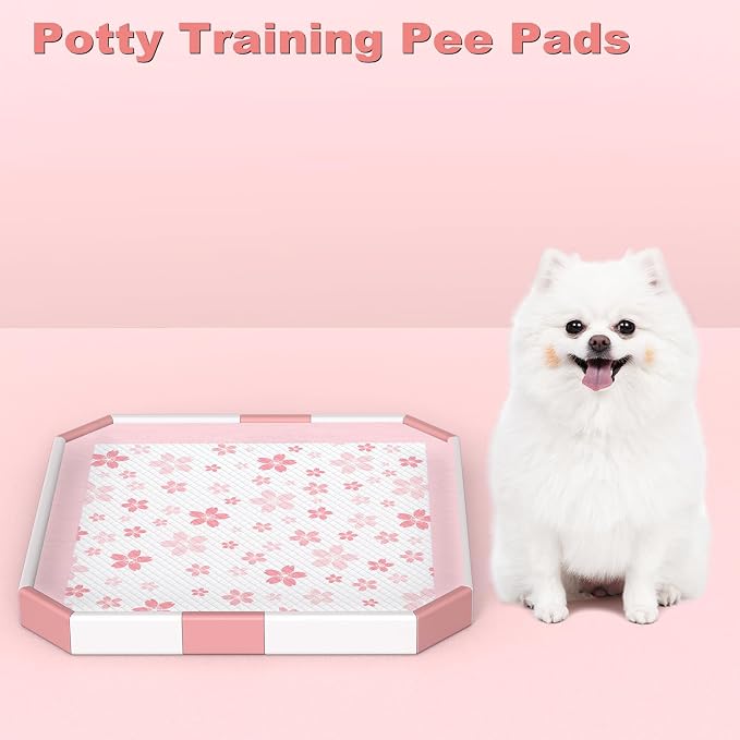 MIZOK Puppy Pads Pink 22x22in, Ultra Absorbent Wee Wee Pads with Pheromone Attractant, Decorative Cherry Blossom 6-Layer Leak-Proof Potty Training Pads, Disposable (100 Count)