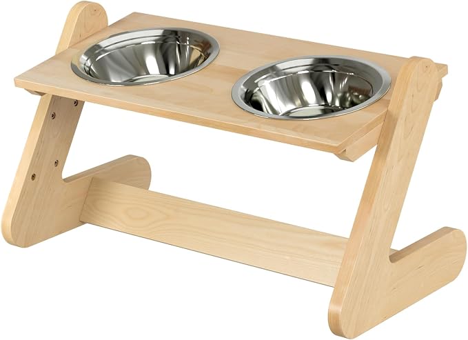 Solid Birch Wood Elevated Dog Bowl Stand for Large & Medium Dogs | Raised Dog Bowl Stand, 3 Heights, 10° Angled Top, Water-Resistant Finish, 2 Stainless Bowls, 8" Openings
