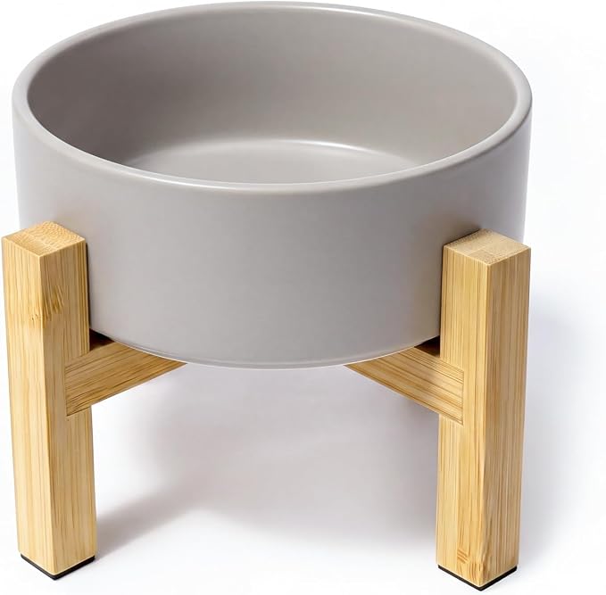 Elevated Ceramic Cat Bowl - Cat Food Bowl with Bamboo Stand - Raised Dog Dish for Puppies - Anti Vomiting, Stress Free - 13.5 oz / 400 ml - Grey