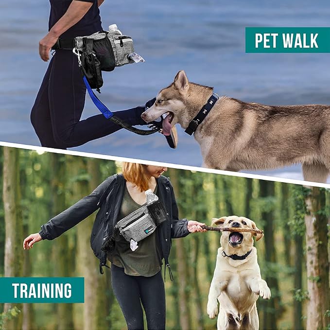 PetAmi Dog Fanny Pack, Treat Pouch for Dog Walking Training, Light Gray | Built in Poop Bag Dispenser, Water Bottle Holder, Collapsible Bowl, Pet Treat Waist Belt for Hiking Running Kibbles