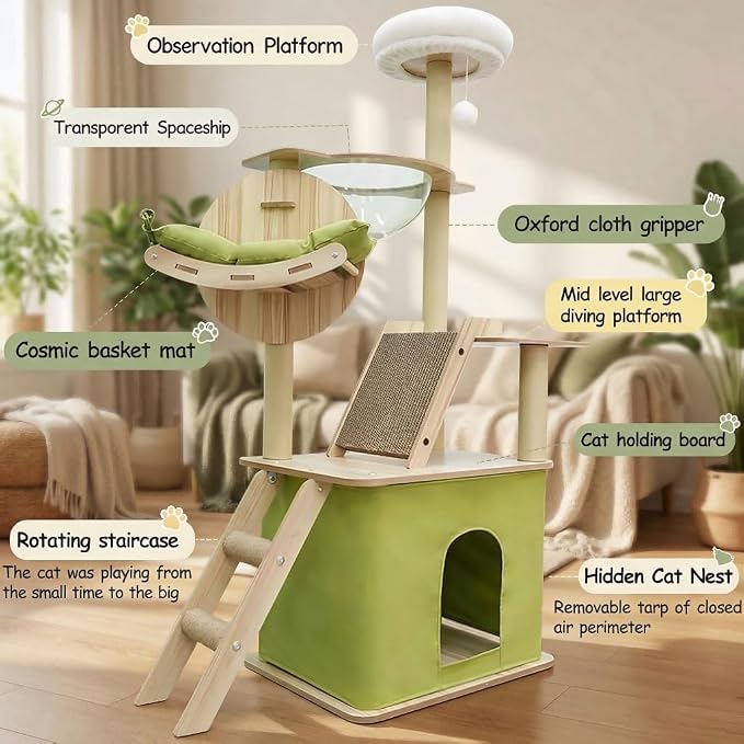 59.1-Inch-Green Cat Tree for Indoor Cats Large Adult, with Cat Condos,Cat Scratchers,Cat Hammock,Space Capsule, Plush Jumping Platform,Hanging Ball,Cat Trees for Indoor Cats(Green/Log Color)