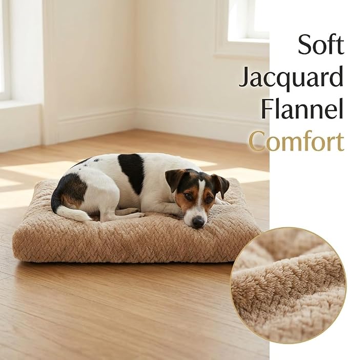 24 Inch Dog Crate Bed for Small Dogs, Washable Dog Crate Pad for Dog Cages, Soft Jacquard Flannel Kennel Mat with Anti-Slip Bottom, Fluffy Crate Mat for Puppies and Small Dogs,Khaki