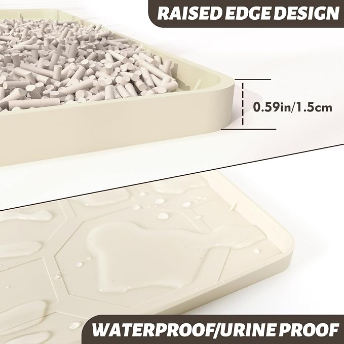 Silicone Cat Litter Mat for Litter Box-28" X 22" Litter Mat for Cat, Waterproof & Leak-Proof Trapping Design, Non-Slip Durable Easy to clean (Beige)