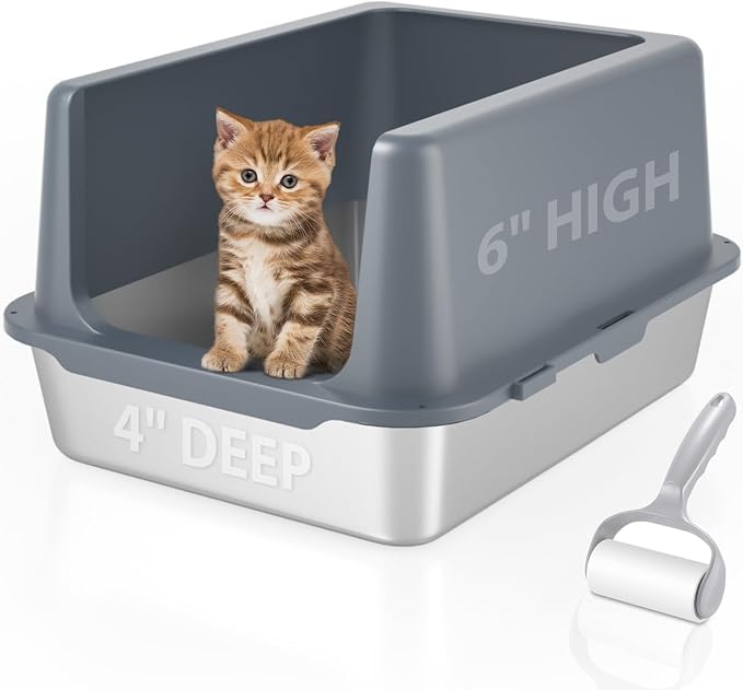 Litter Box with Lid, Stainless Steel Cat Litter Box, 10" Small Metal Litter Box for Kittens, Grey