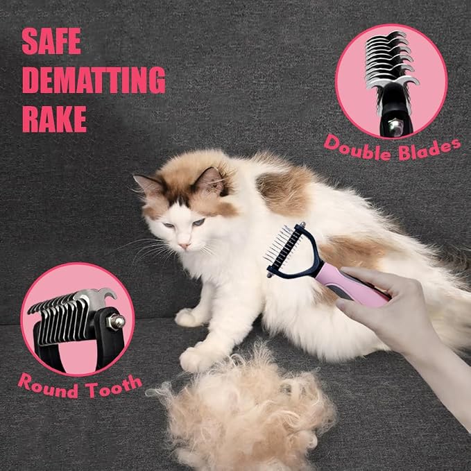 Grooming Kit for Indoor Long-Haired Cats - Self-Cleaning Brushes for Shedding and Matted Fur, Flea Comb Set, Pink
