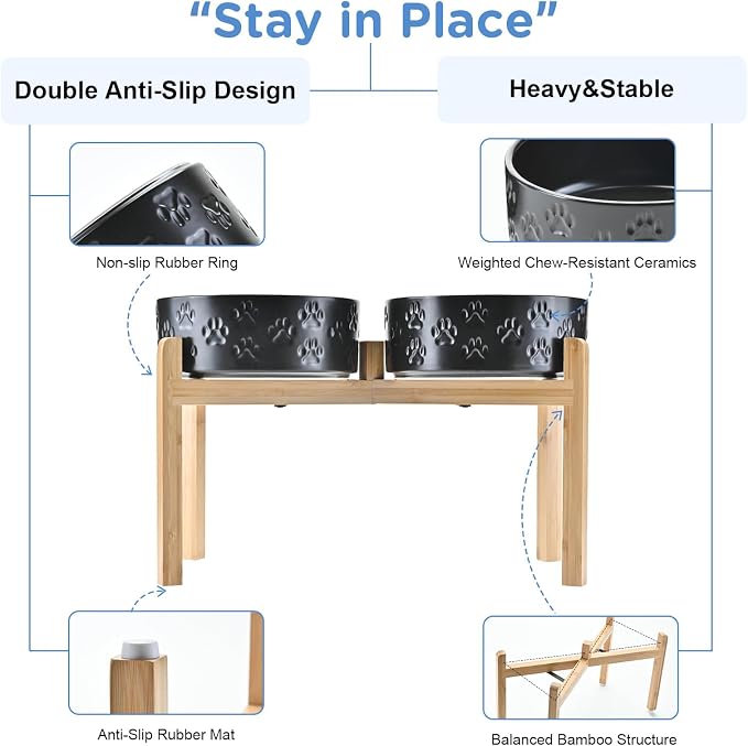 SPUNKYJUNKY Elevated Dog Bowls Ceramic, 8.3'' Dogs Food Water Bowls Raised with Non-Slip Bamboo Stand for Large Sized Breed Microwave Dishwasher Safe - 60 OZ,Paw Black