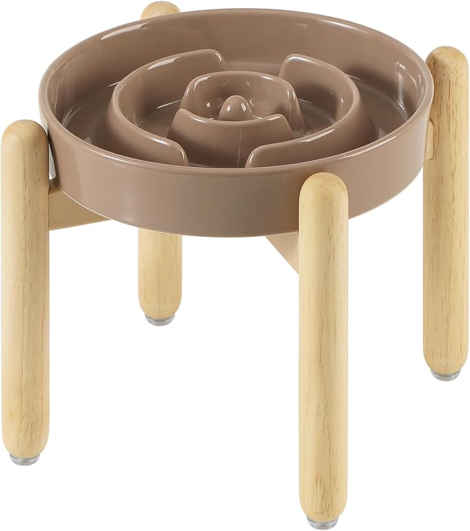Havniva 8.2” Raised Slow Feeder Dog Bowls, 1.6 Cups Ceramic Dog Bowl Slow Feeding for Medium Breed, Elevated Puzzle Dog Food Bowl with Wooden Stand Non-Slip Anti-Gulping & Anti-Choking