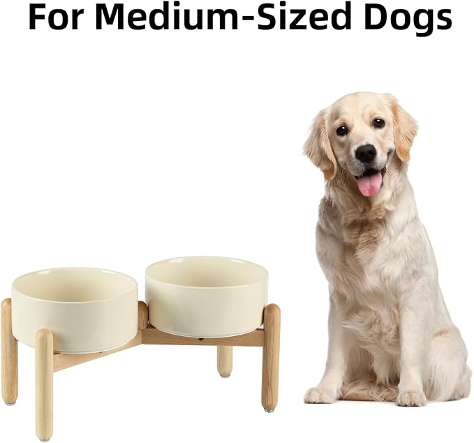 Havniva 7.3inch Ceramic Raised Dog Bowl with Stand, Double Dog Bowls Elevated for Medium Breed Dog Food and Water Bowl Set Non-Slip Dog Dish Large Capacity Feeding Pet Water Bowl