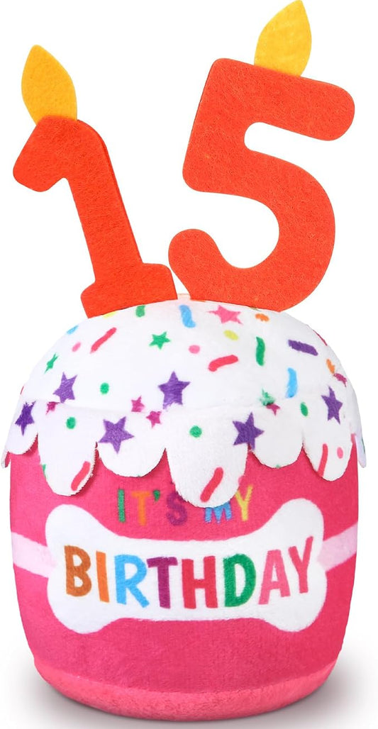 Dansydaisy Dog Birthday Cake Toy Squeaky Plush Toy for Girl Boy Gifts, Chew Accessories for Dog Birthday Party Decor Favor for Large, Medium and Small Dogs(15th,Pink)