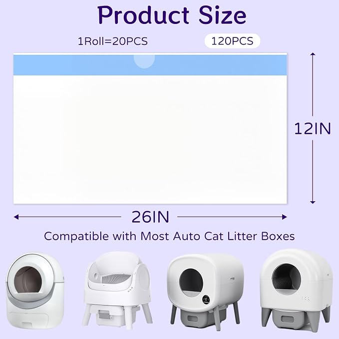 120 Count 26" x 11.8" Automatic Cat Litter Box Bags Compatible with Cmg Fmo Fstg Robot Litter box, Thick Self-Cleaning Cat Litter Box Replacement Liners with Drawstring Heavy Duty