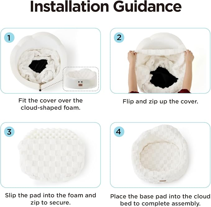Joydeco Cloud Dog Bed for Small Dogs & Cats, Washable Pet Bed with Orthopedic Foam and Removable Checkered Plush Pad, Non-Slip Bottom for Indoor Puppies and Kittens, 27x24 Inch, White