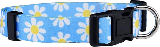 Native Pup Flower Dog Collar, Adjustable Small Medium Large, Cute Girl Female Summer Spring Pretty Designer Puppy Essentials Accessories, Pink Floral Blue Daisy Rose (Large, Blue Daisy)