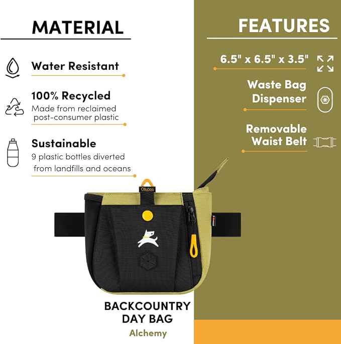 Backcountry Day Bag | Dog Training Treat Pouch | Eco-Friendly Recycled Fabric Fanny Pack with Zipper Closure, Built-in Poop Bag Dispenser & Adjustable Waist Belt (Alchemy)