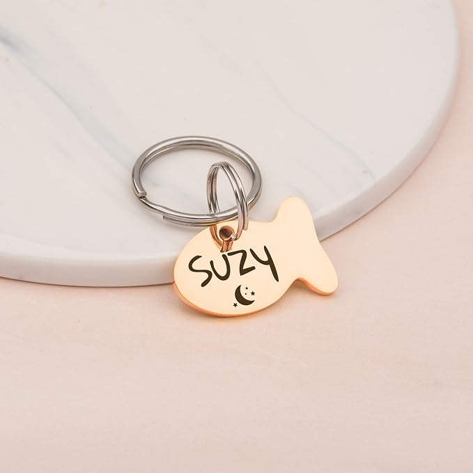 Anavia Cat Head & Fish Shape Pet ID Tags, Personalized Funny Icon Design Cat Name Tag, Customized Gold Plated Glossy Stainless Steel Black Rainbow Cat Dog Collar Tag (Small, Fish Shape, Rainbow)