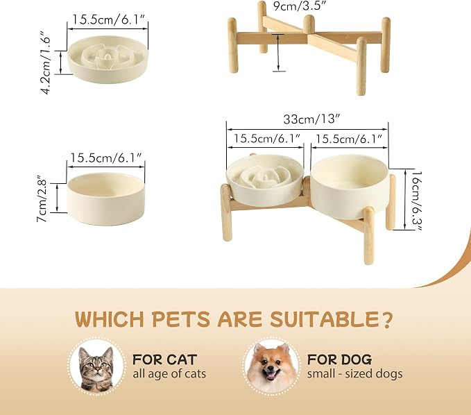 Havniva 6.1” Raised Slow Feeder Dog Bowls Set, 0.9 Cups Ceramic Slow Feeder Dog Bowl and 6.1” Dog Water Bowl with Elevated Wooden Stand Puzzle Dog Food Bowl for Small Dogs Anti-Gulping & Anti-Choking