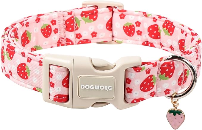 DOGWONG Cotton Handmade Daisy Flower Dog Collar Cute Pink Strawberries Dog Collars with Pendant for Girl Boy Dogs,M