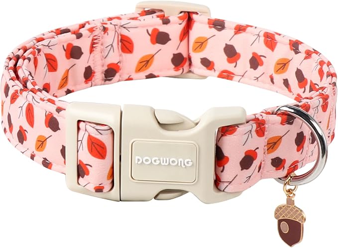 DOGWONG Fall Hazelnut Maple Dog Collar- Pink Fall Holiday Dog Collars Adjustable Autumn Leaf Dog Collar for Small Medium Large Dogs M