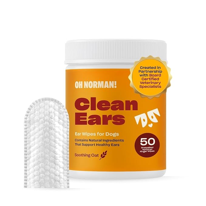 Oh Norman! Ear Cleaning Finger Wipes for Dogs, Aloe & Chamomile, 50 Ct | Vet-reviewed finger wipes with aloe vera & chamomile that gently remove wax & dirt from ears, reducing odor and irritation.
