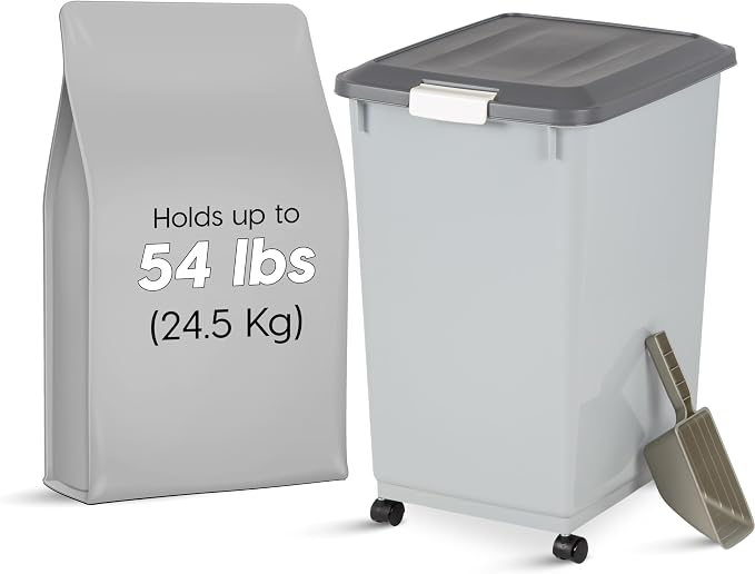 IRIS USA Dog Food Storage Container, 2-Pack, Up to 54 lbs, Gray/Dark Gray | Made in the USA, Comes w/ Wheels & 2-Cup Scoop, Airtight Seal, BPA-Free, Bird Seed, Cat food, Cat Litter, Multi-Pet Household