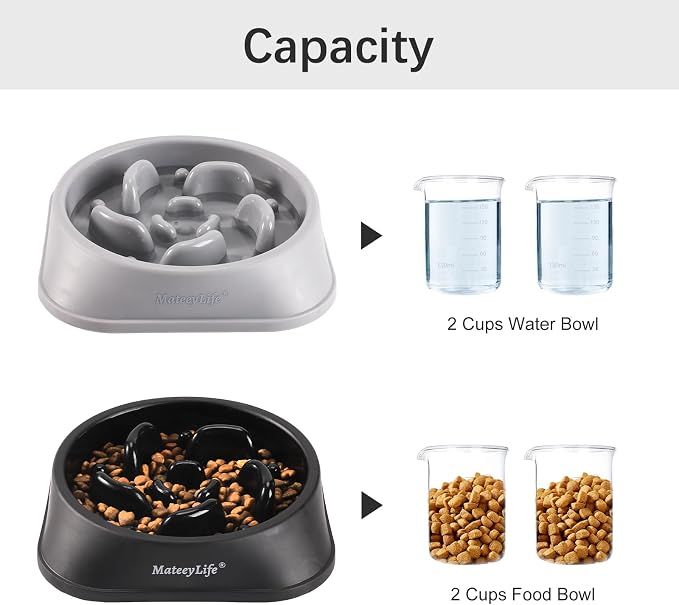 MateeyLife Slow Feeder Dog Bowls 2PCS, Anti-Choking Puzzle Dog Food Bowls, Anti-Slip Interactive Feeding Slow Down Eating, Bloat Stop Maze Dishes for Medium Large Breeds Gray&Black
