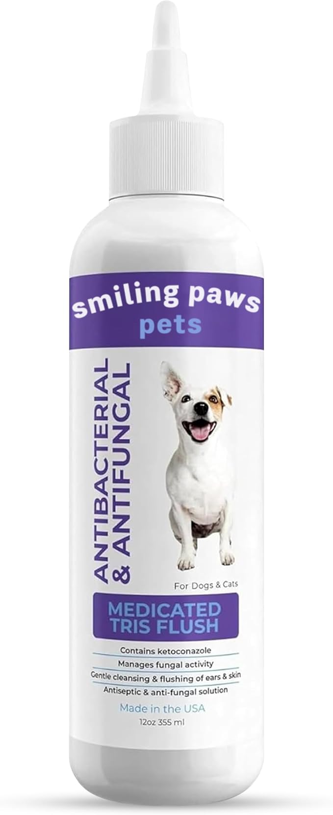 Smiling Paws Medicated Tris Flush Ear Cleaner for Dogs & Cats, 12oz | Contains Ketoconazole, Treats Itching, Odor Treatment, Ear Medication