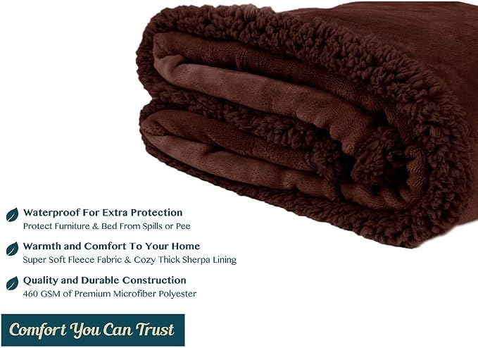 Pavilia Waterproof Couch & Dog Blanket | Plush Soft Warm Fuzzy Sherpa, Brown, 90x90