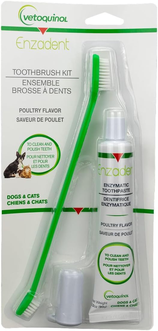 Vetoquinol Enzadent Enzymatic Toothpaste Kit + Fingerbrush & Dual-End Toothbrush for Cats & Dogs – 3.2 oz, Poultry Flavor – Oral Dental Care Kit: Removes Plaque, Polishes Teeth & Freshens Breath