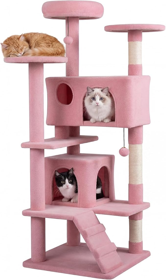 52-inch Cat Tree, Multi-Level Cat Tower with Sisal Scratching Posts, 2 Comfy Condos, Plush Padded Soft Top Perch, Dangling Balls, and Climbing Ladder, Ideal for Indoor Cats (Pink)