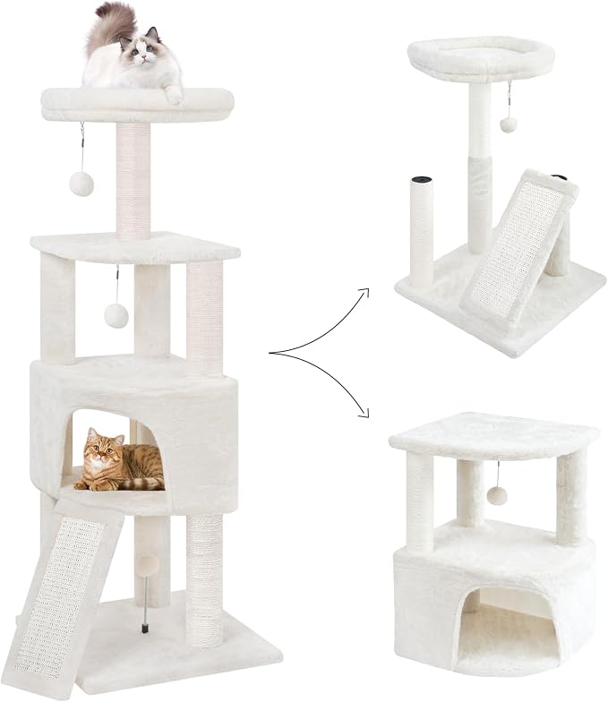 HUITREE 45in Cat Tree Tower with Big Condo for Indoor Kitten,Cat Tower with Scratching Post,Scratching Board and Cat Toys,Multi-Level,Small Space,Transformer Cat Tree, Beige(New)