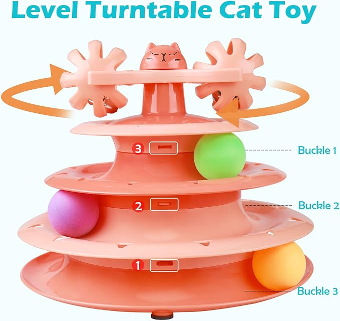 UPSKY Cat Toy Roller 4-Level Turntable Cat Toy Balls with Three Colorful Balls and Bell Ball X Turntable Interactive Kitten Fun Mental Physical Exercise Puzzle Toys