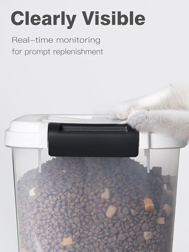 LivLab Mker 6 lb Airtight Dog Food Storage Container with Scoop, White | Airtight snap-lock lid, clear BPA-free body, and measuring cup keep dry dog or cat food, treats, cereal, and grain organized.