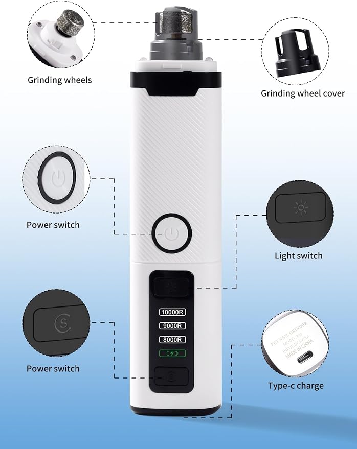 Electric Dog Nail Grinder for Small Medium Large Breeds with LED Lights | Diamond Grinding Heads, 3-speed Adjustable, Pain-Free, Ultra-Quiet below 50dB, 8 Hours Long-Lasting, USB Fast Charging